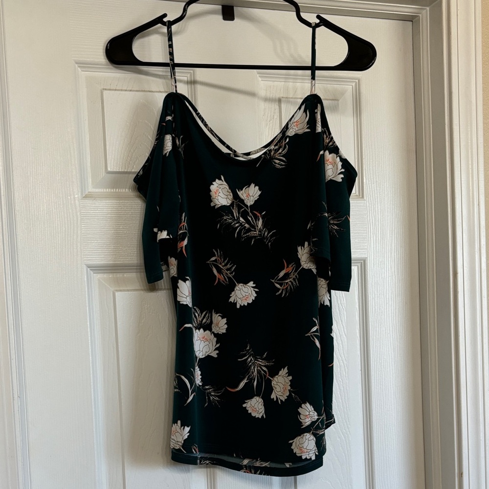 Strappy, off the shoulder floral print top.